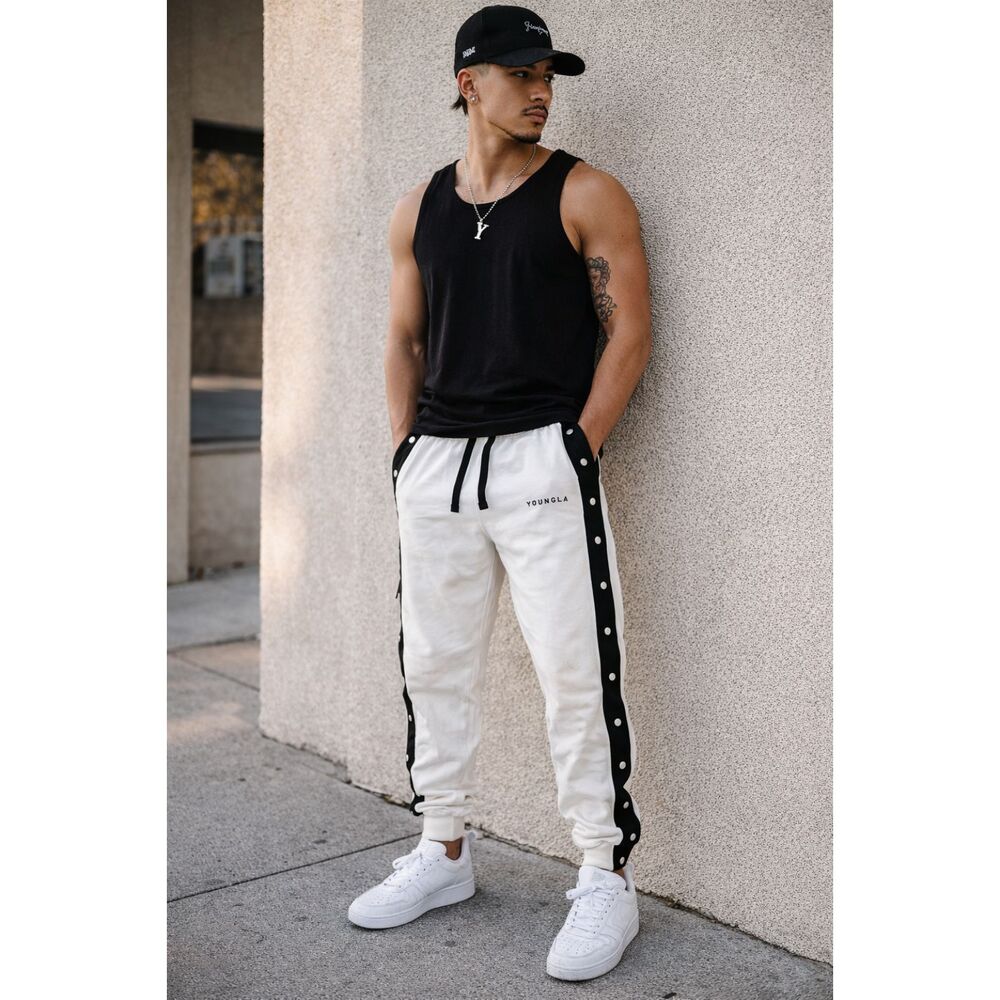 YOUNGLA White Black Side Snap Button Sweatpants Joggers  Mens Size Large